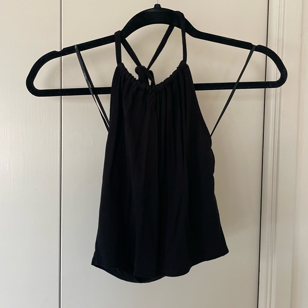Forever 21 Black High Neck Halter Crop Top S Ruched Tie Back Sleeveless